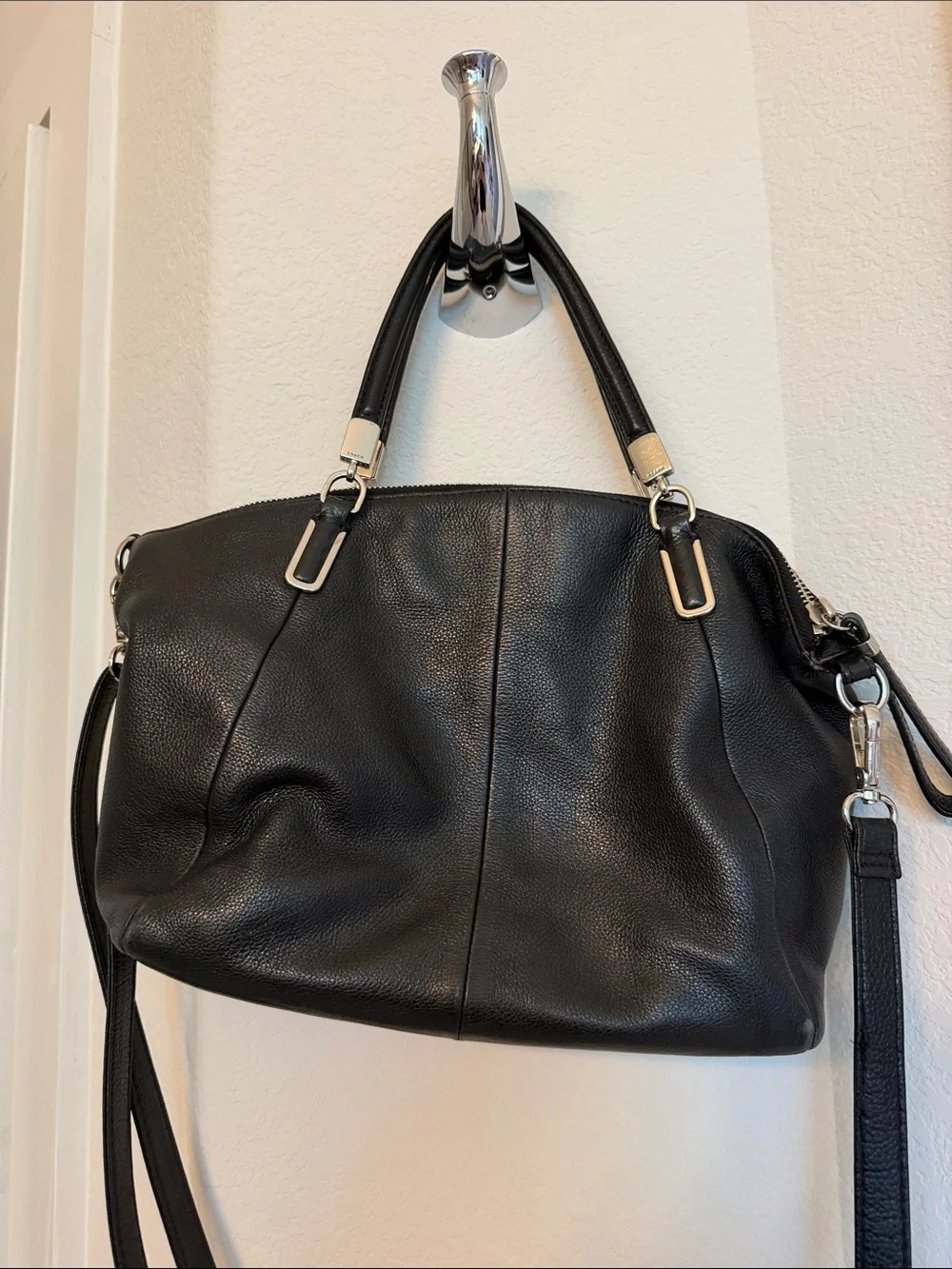 Coach Black Pebbled Leather Convertible Shoulder Bag with Silver Hardware